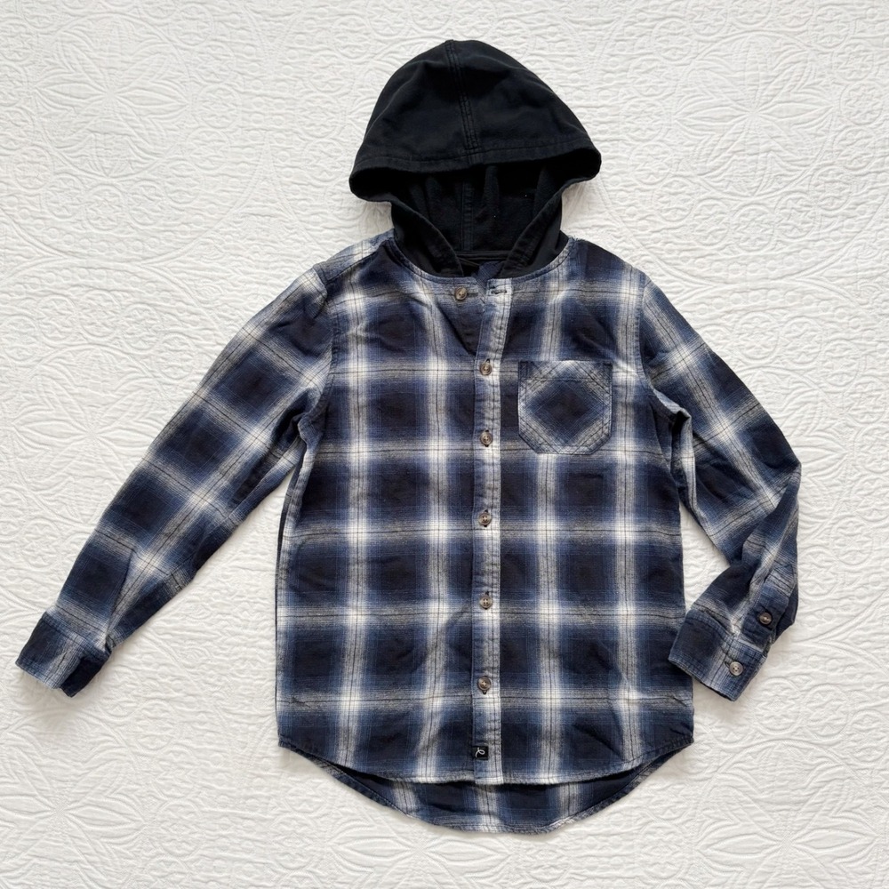 art class Boys' Hooded Flannel Shirt, Blue/White/Black Sz M 8-10